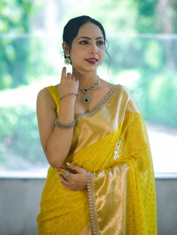 Banarasee Semi Chiffon Saree With Buti Design Broad Zari Border & Lace-Yellow