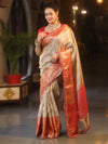 Banarasee Handwoven Tissue Zari Saree With Contrast Border & Lace-Silver & Red