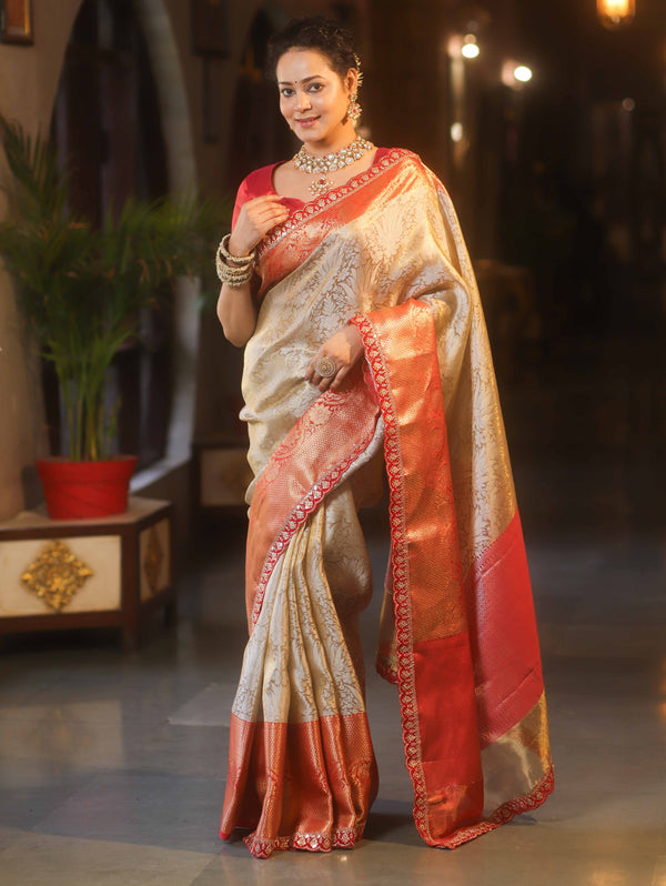 Banarasee Handwoven Tissue Zari Saree With Contrast Border & Lace-Silver & Red