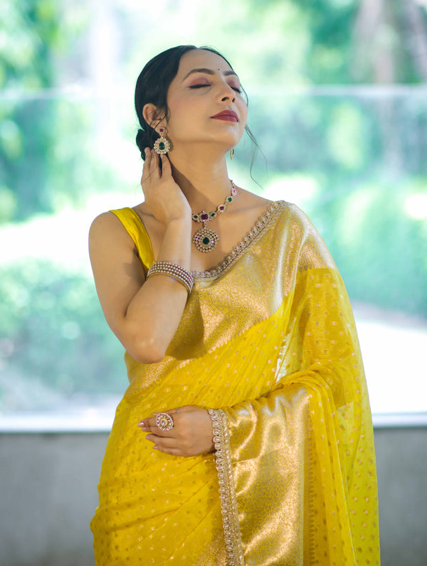 Banarasee Semi Chiffon Saree With Buti Design Broad Zari Border & Lace-Yellow