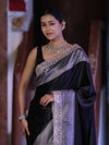 Banarasee Handloom Plain Mashru Silk Saree With Lace Border & Meenadar Pallu-Black