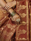 Banarasee Handwoven Soft Tissue Saree With Zari Border & Buti Design-Rust (Dual Tone)