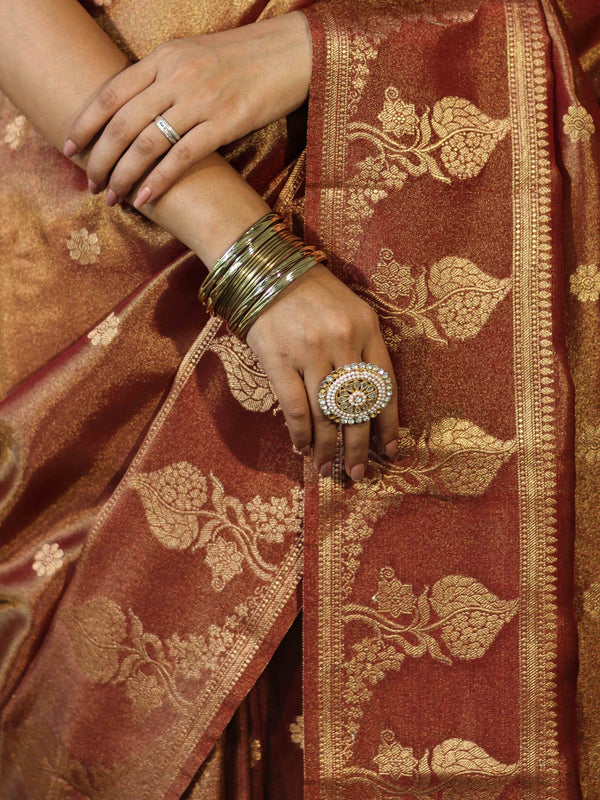 Banarasee Handwoven Soft Tissue Saree With Zari Border & Buti Design-Rust (Dual Tone)