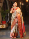 Banarasee Handwoven Tissue Zari Saree With Contrast Border & Lace-Silver & Red
