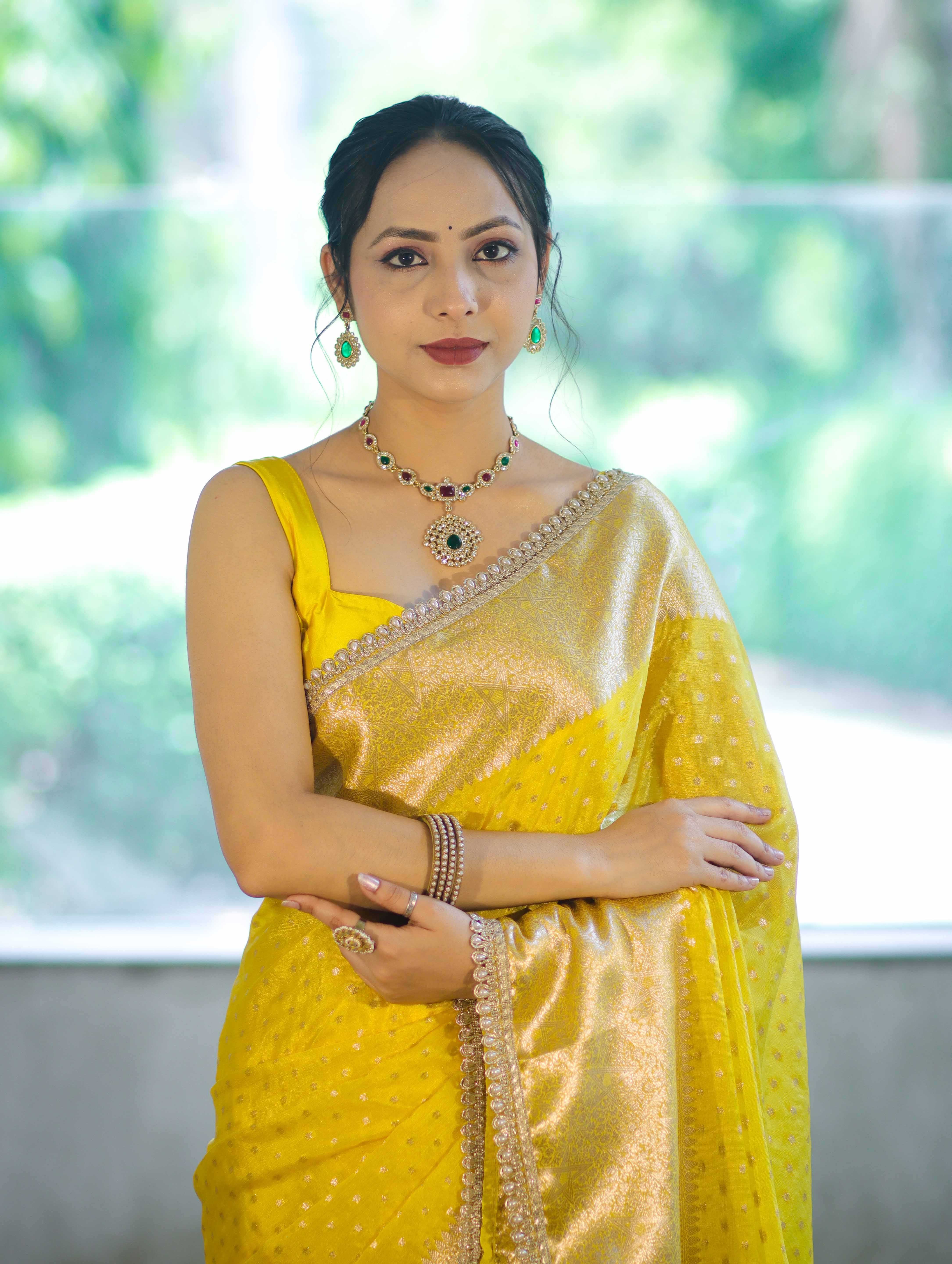Banarasee Semi Chiffon Saree With Buti Design Broad Zari Border & Lace-Yellow