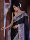 Banarasee Handloom Plain Mashru Silk Saree With Lace Border & Meenadar Pallu-Black
