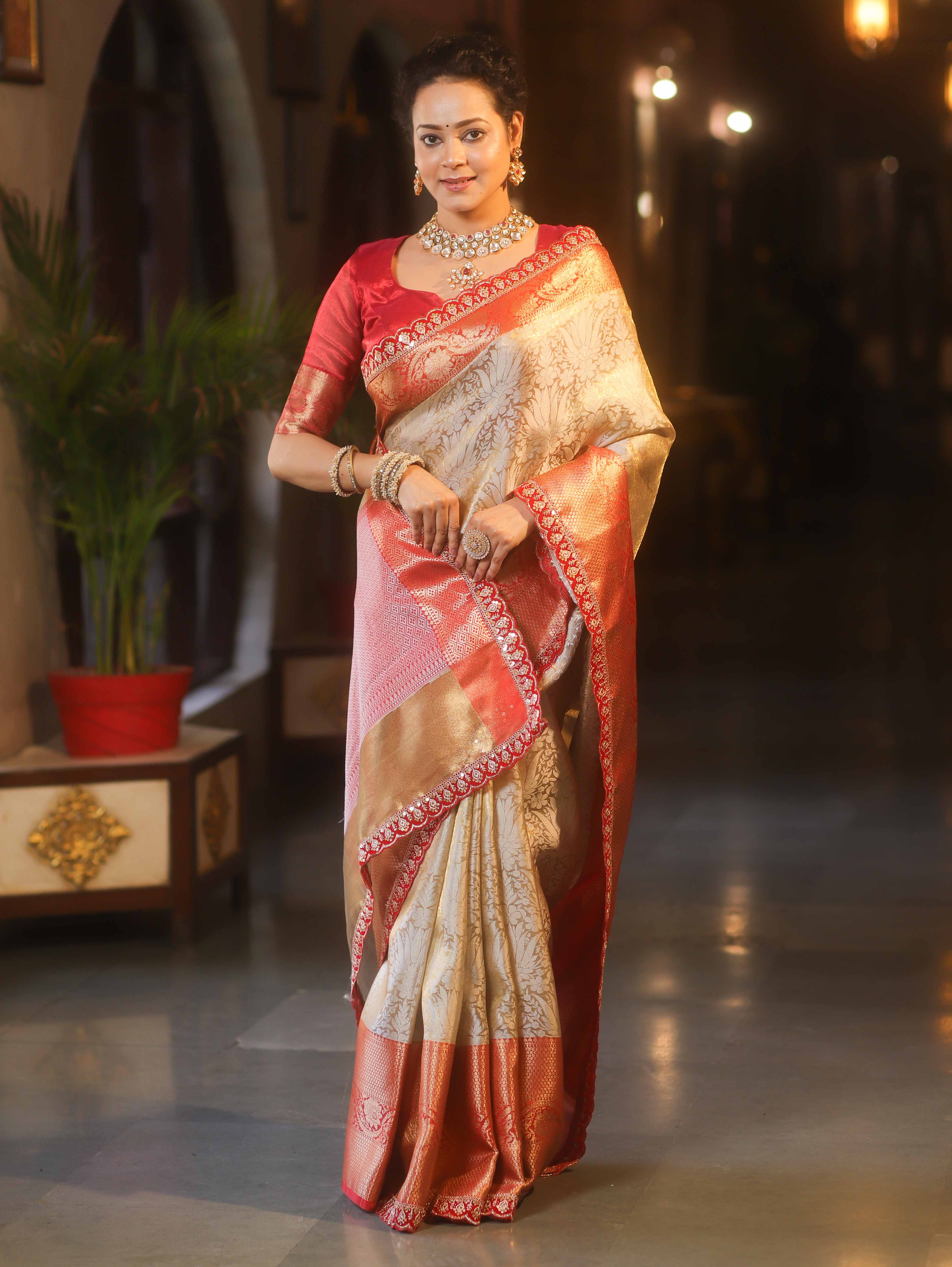 Banarasee Handwoven Tissue Zari Saree With Contrast Border & Lace-Silver & Red