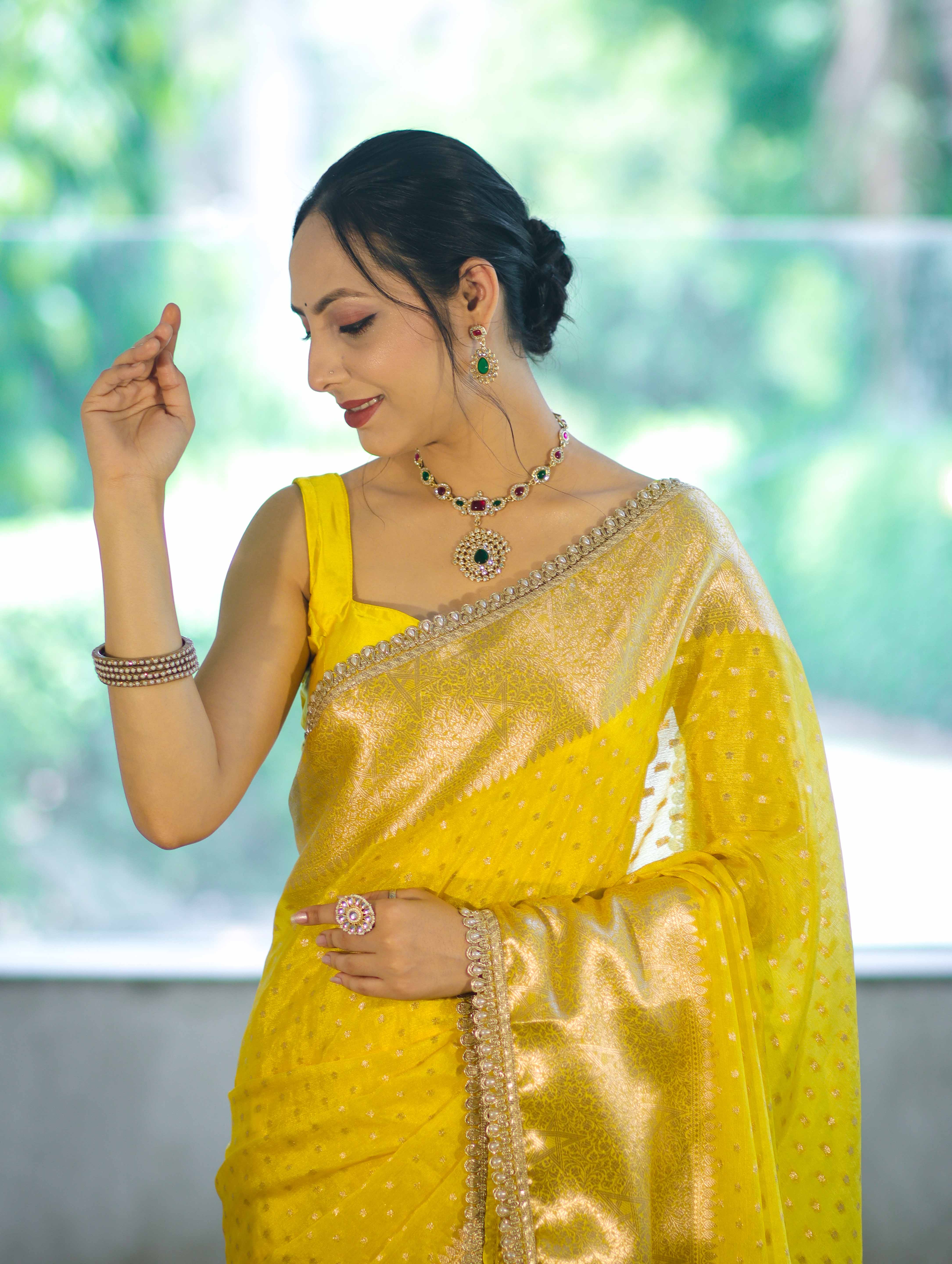 Banarasee Semi Chiffon Saree With Buti Design Broad Zari Border & Lace-Yellow