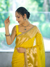 Banarasee Semi Chiffon Saree With Buti Design Broad Zari Border & Lace-Yellow