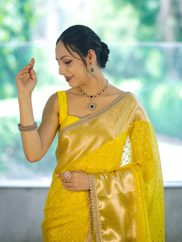 Banarasee Semi Chiffon Saree With Buti Design Broad Zari Border & Lace-Yellow