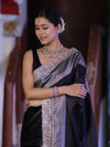 Banarasee Handloom Plain Mashru Silk Saree With Lace Border & Meenadar Pallu-Black