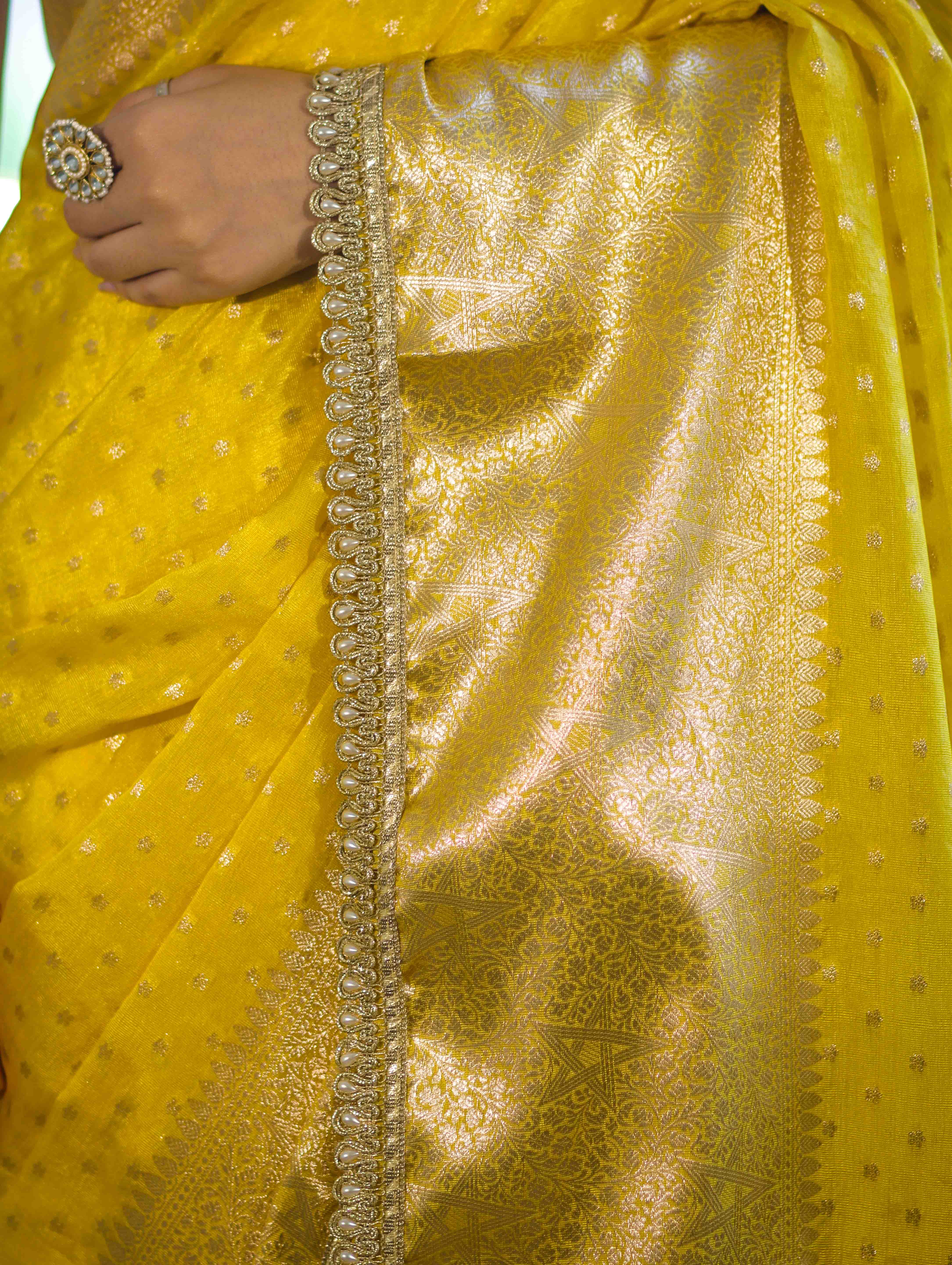 Banarasee Semi Chiffon Saree With Buti Design Broad Zari Border & Lace-Yellow