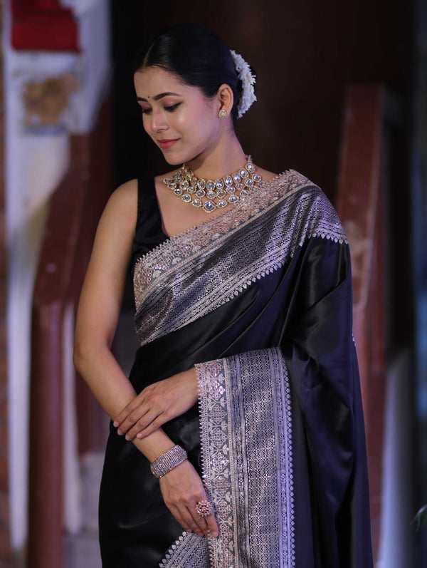 Banarasee Handloom Plain Mashru Silk Saree With Lace Border & Meenadar Pallu-Black
