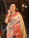 Banarasee Handwoven Tissue Zari Saree With Contrast Border & Lace-Silver & Red