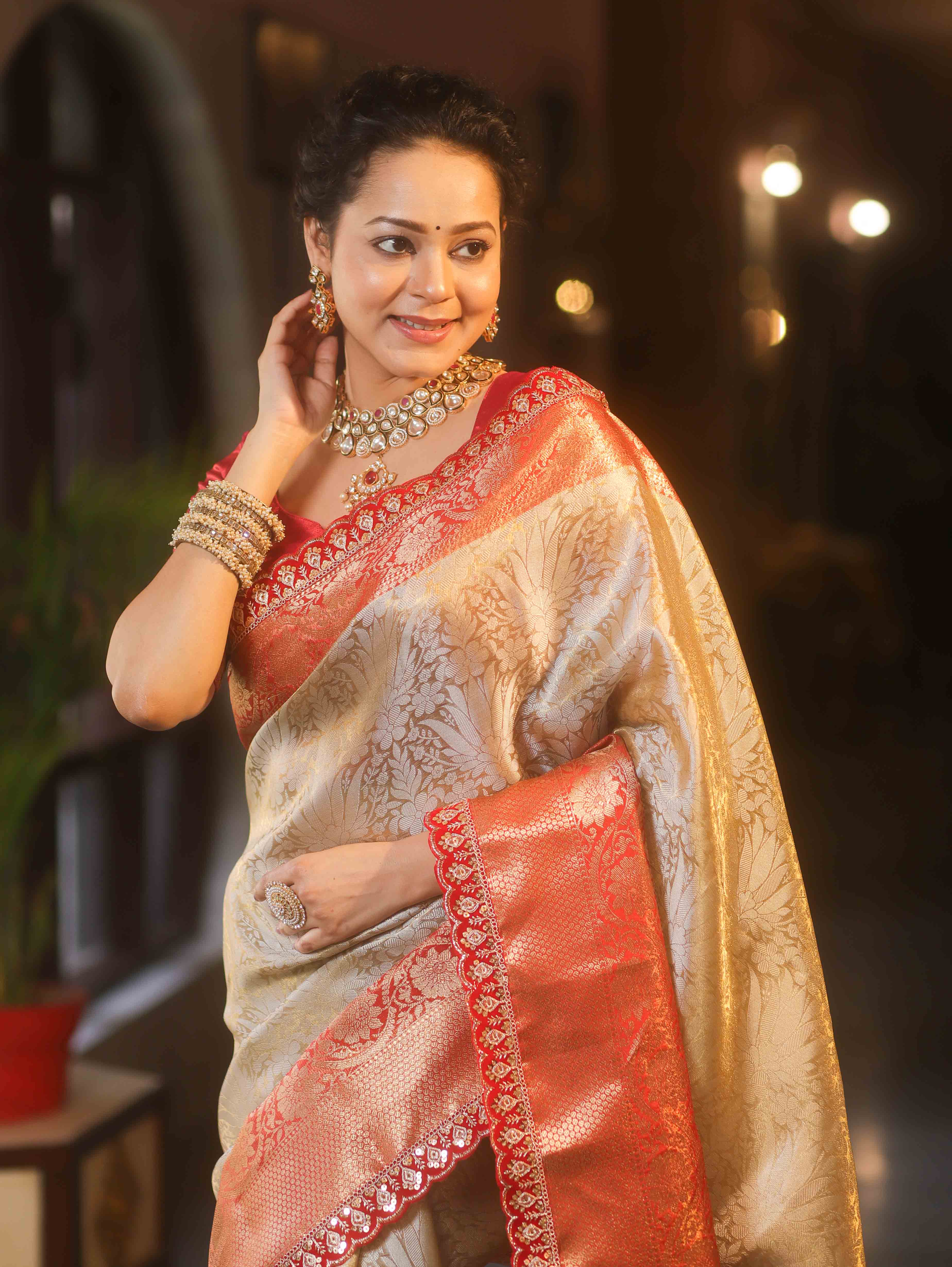 Banarasee Handwoven Tissue Zari Saree With Contrast Border & Lace-Silver & Red