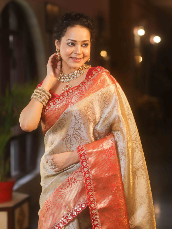 Banarasee Handwoven Tissue Zari Saree With Contrast Broder & Lace-Silver & Red