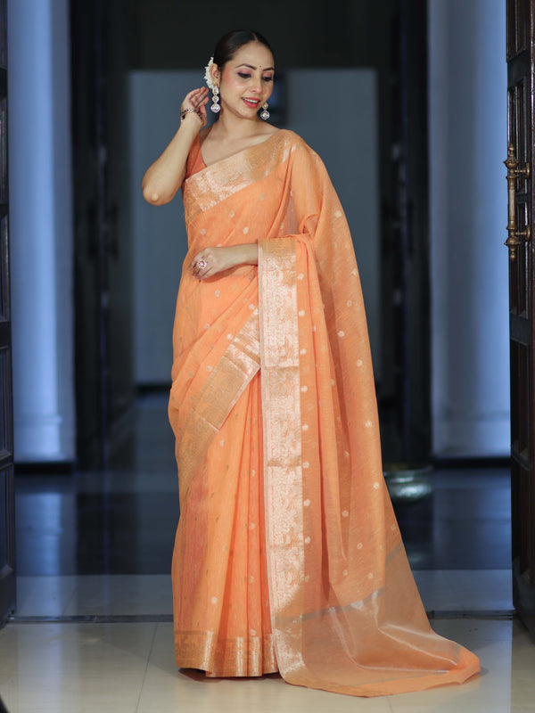 Banarasee Handloom Cotton Silk Saree With Zari Work & Border-Peach