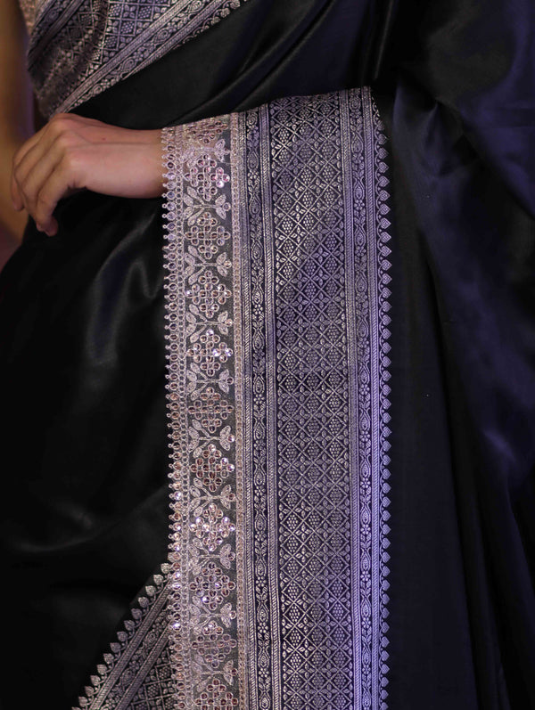 Banarasee Handloom Plain Mashru Silk Saree With Lace Border & Meenadar Pallu-Black
