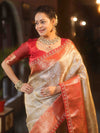 Banarasee Handwoven Tissue Zari Saree With Contrast Border & Lace-Silver & Red