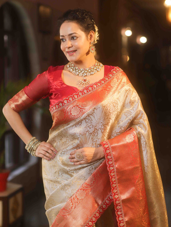 Banarasee Handwoven Tissue Zari Saree With Contrast Border & Lace-Silver & Red