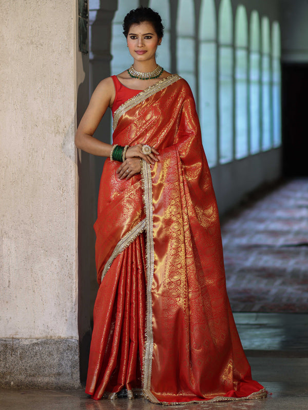 Banarasee Handwoven Soft Tissue Saree With Zari Jaal Design & Lace-Red & Gold