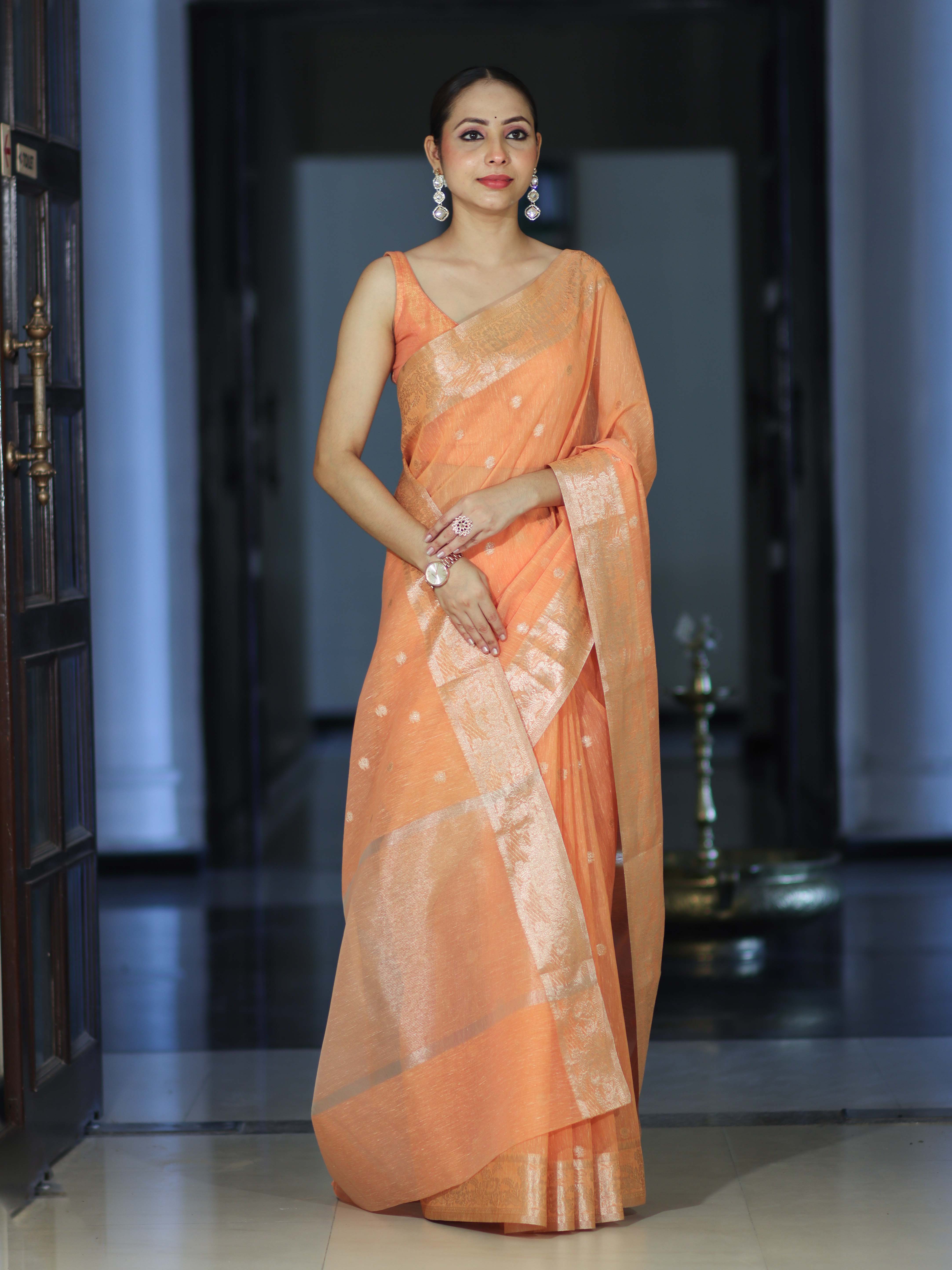 Banarasee Handloom Cotton Silk Saree With Zari Work & Border-Peach