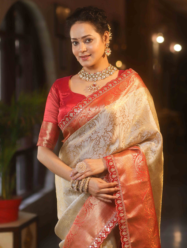 Banarasee Handwoven Tissue Zari Saree With Contrast Border & Lace-Silver & Red