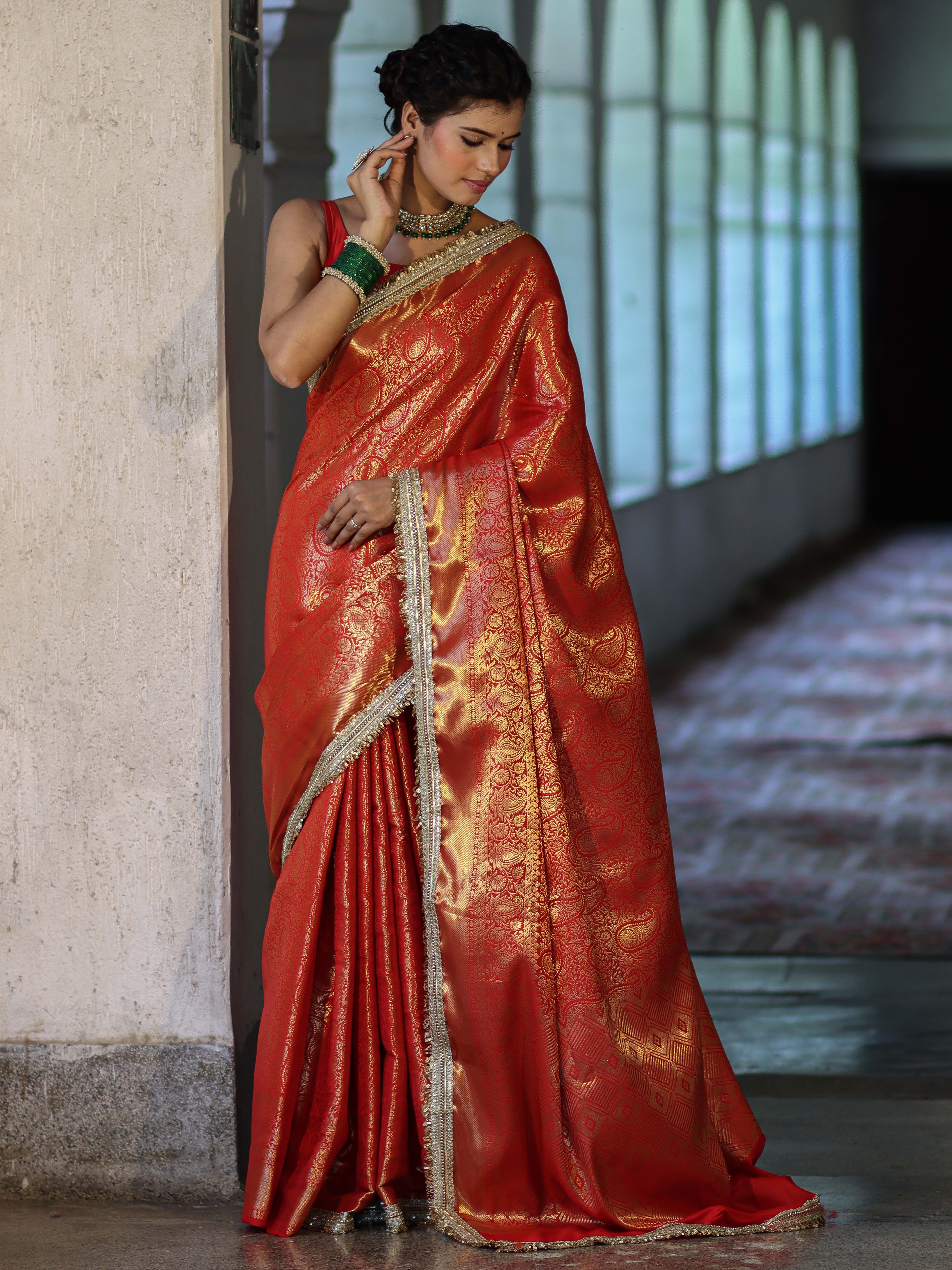Banarasee Handwoven Soft Tissue Saree With Zari Jaal Design & Lace-Red & Gold