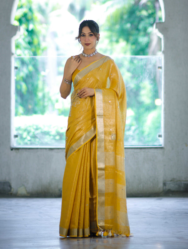 Bhagalpur Handloom Linen Tissue Shine Saree With Mirror Work & Cutwork Design-Yellow