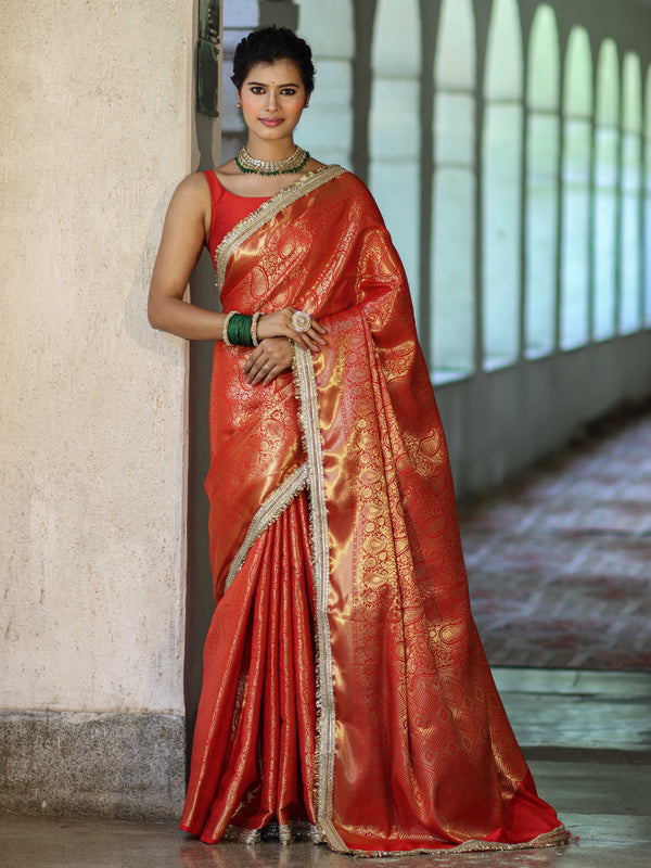 Banarasee Handwoven Soft Tissue Saree With Zari Jaal Design & Lace-Red & Gold