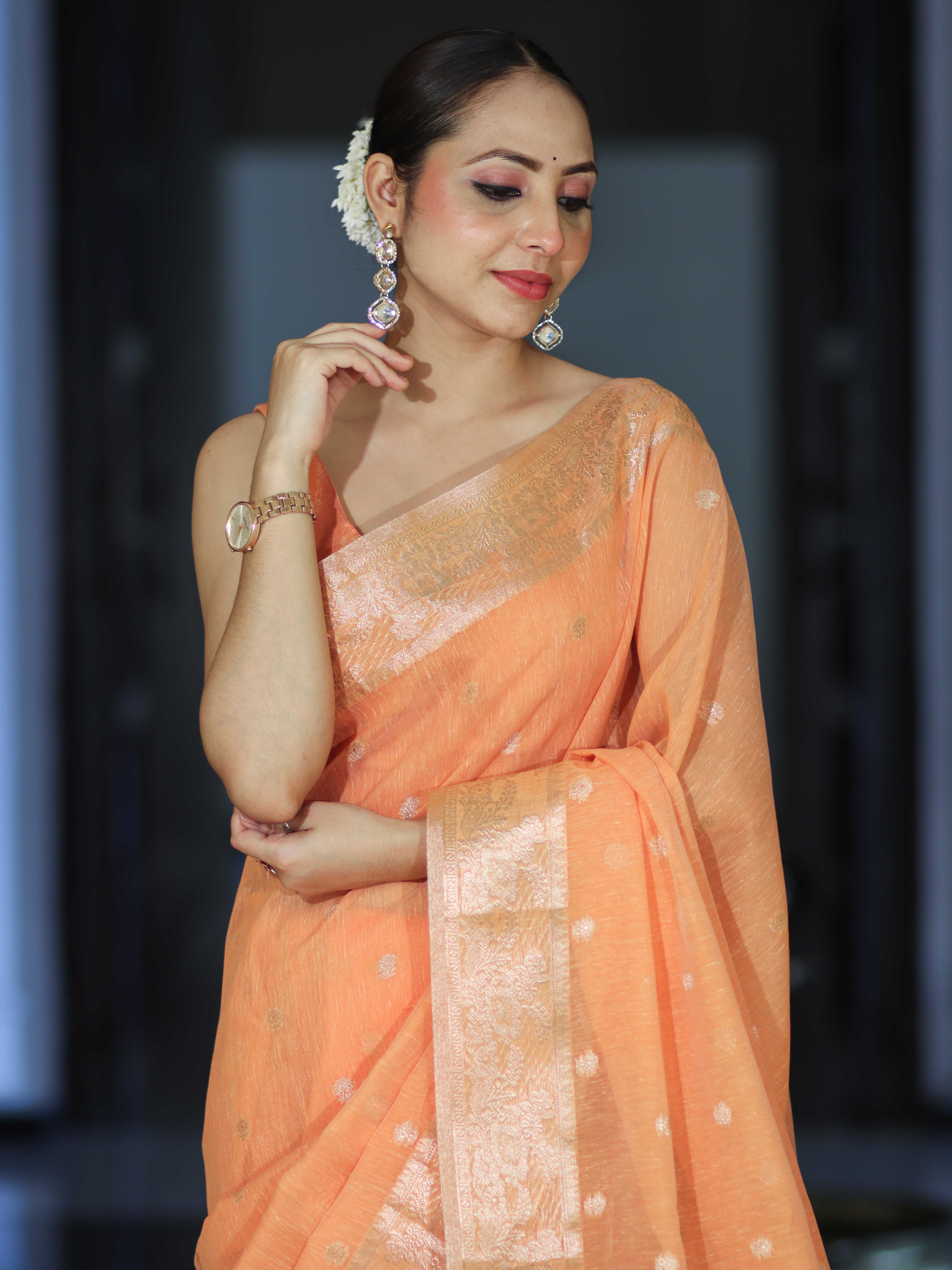 Banarasee Handloom Cotton Silk Saree With Zari Work & Border-Peach