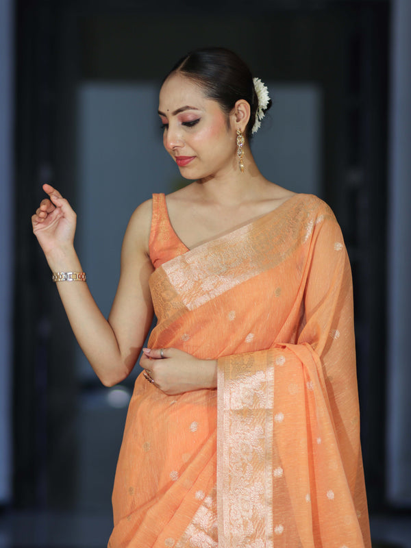 Banarasee Handloom Cotton Silk Saree With Zari Work & Border-Peach