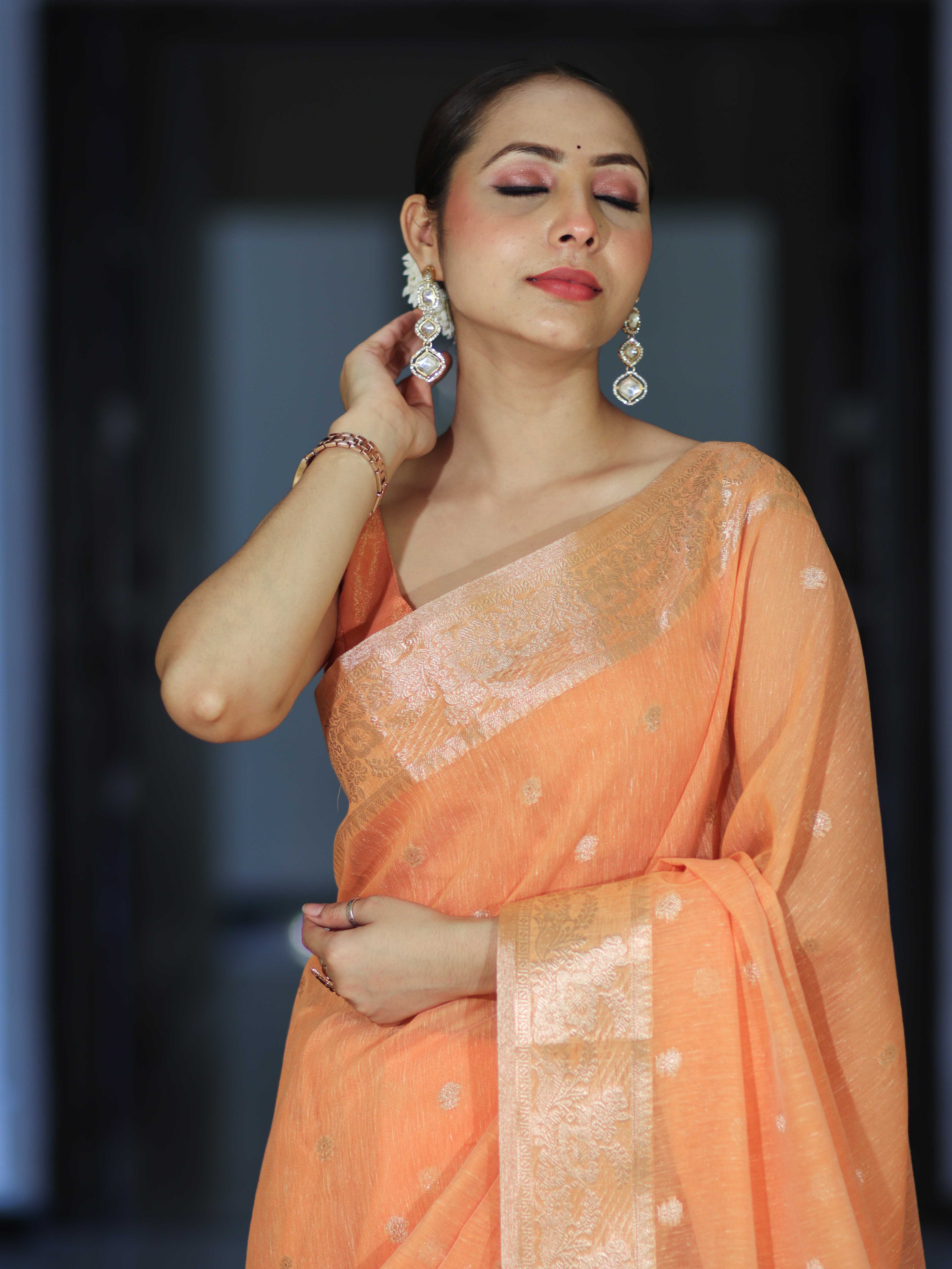 Banarasee Handloom Cotton Silk Saree With Zari Work & Border-Peach