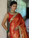 Banarasee Handwoven Soft Tissue Saree With Zari Jaal Design & Lace-Red & Gold