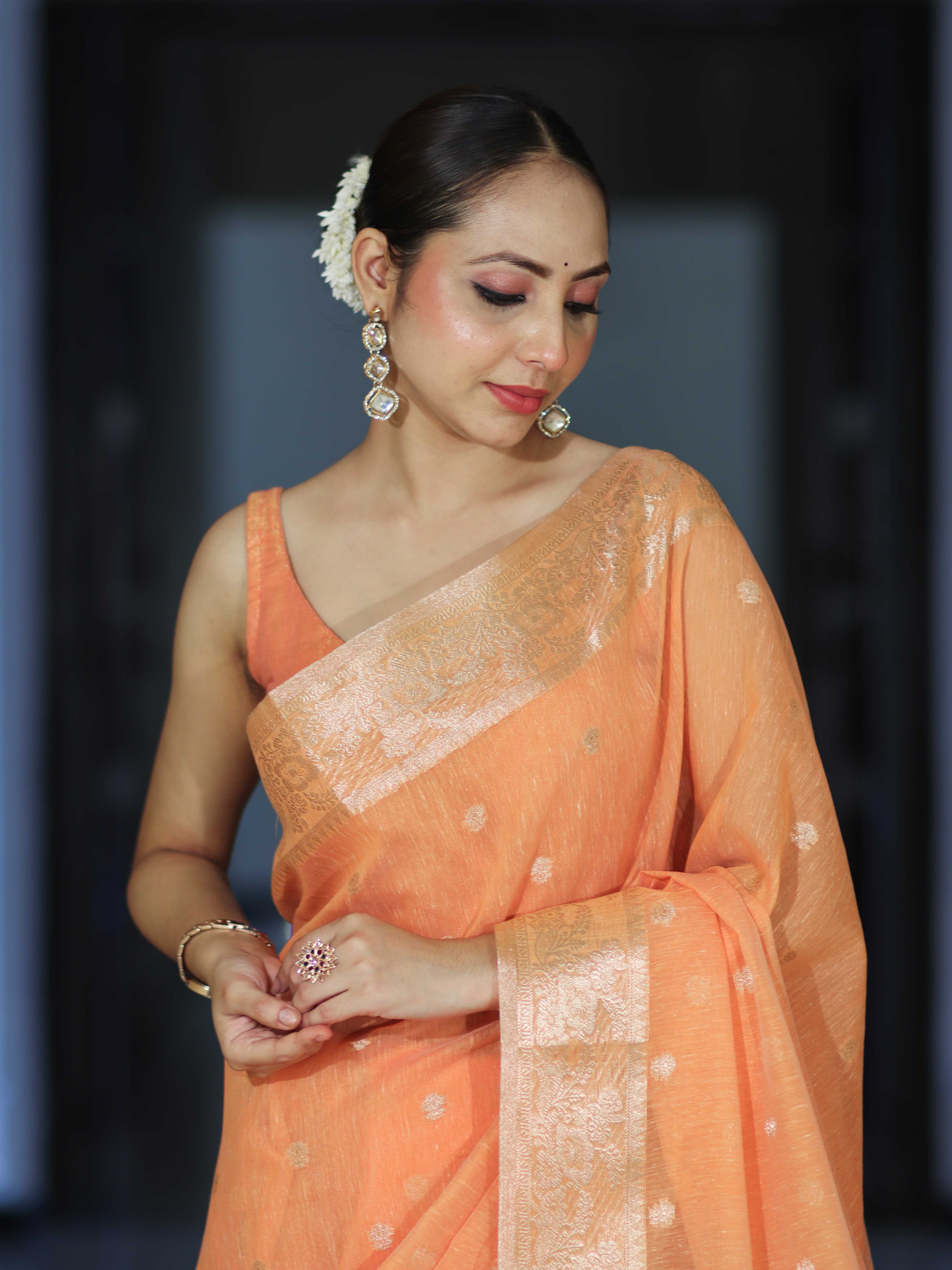Banarasee Handloom Cotton Silk Saree With Zari Work & Border-Peach