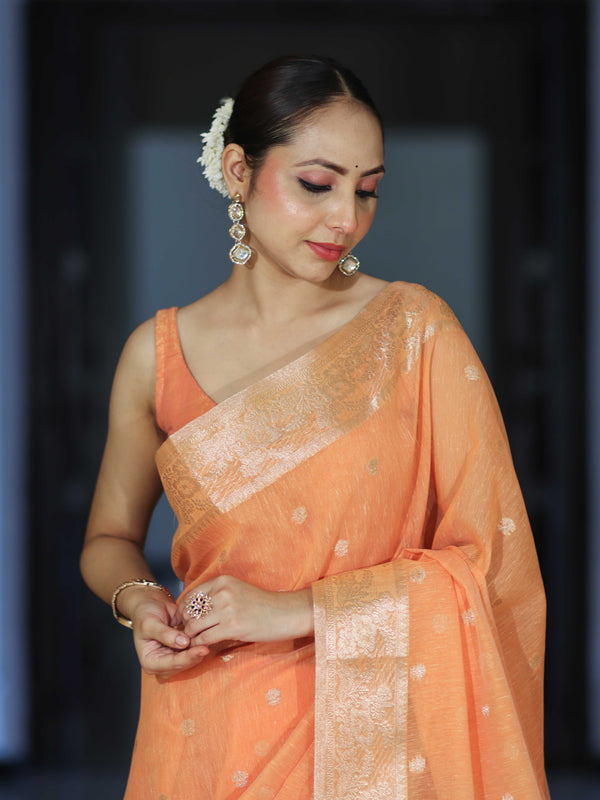 Banarasee Handloom Cotton Silk Saree With Zari Work & Border-Peach