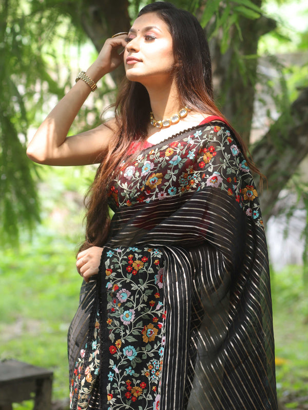 Banarasee Pure Organza Silk Stripe Design Saree With Floral Resham Embroidery-Black