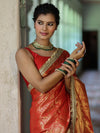 Banarasee Handwoven Soft Tissue Saree With Zari Jaal Design & Lace-Red & Gold