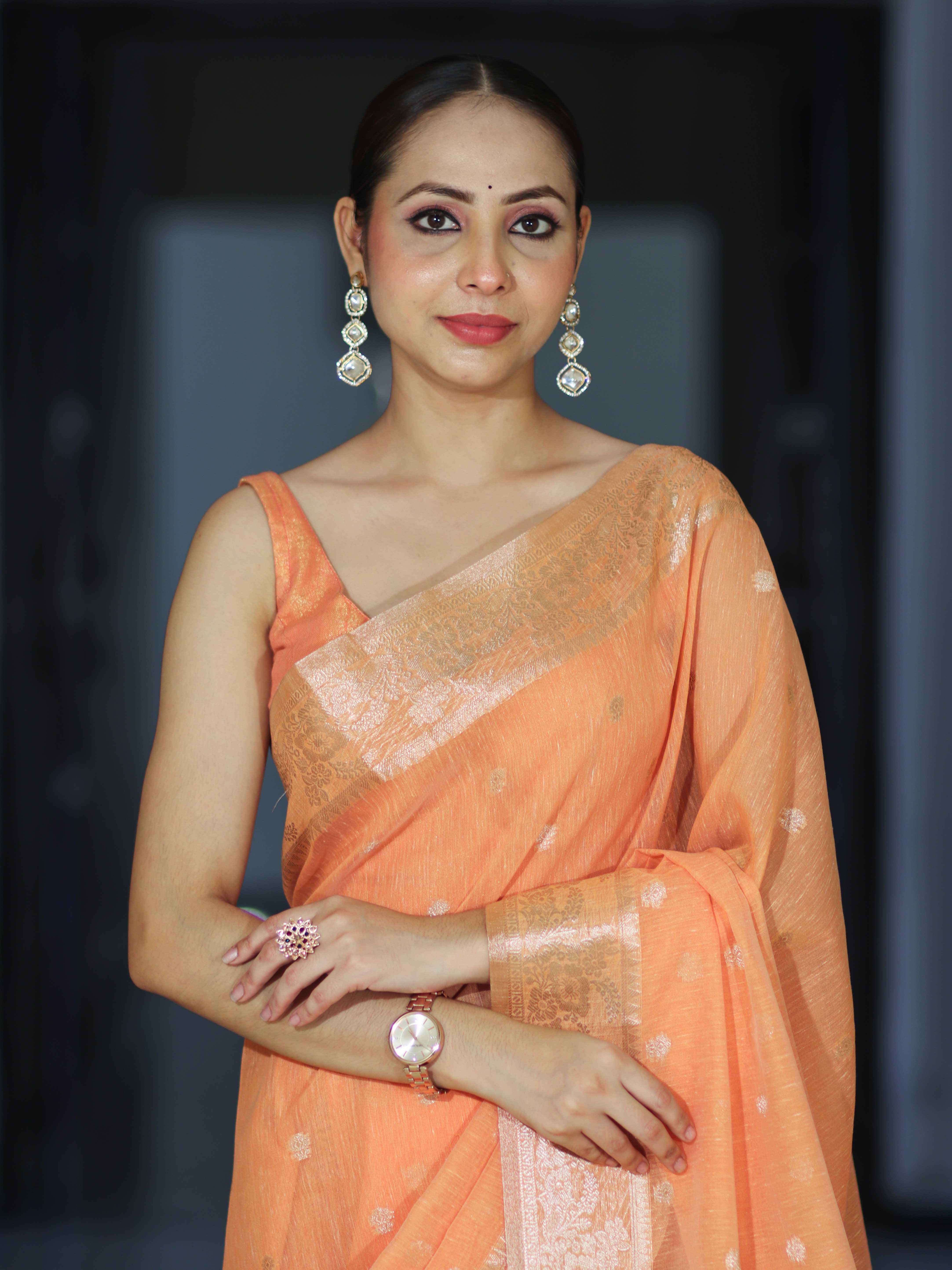 Banarasee Handloom Cotton Silk Saree With Zari Work & Border-Peach