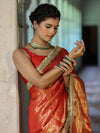 Banarasee Handwoven Soft Tissue Saree With Zari Jaal Design & Lace-Red & Gold