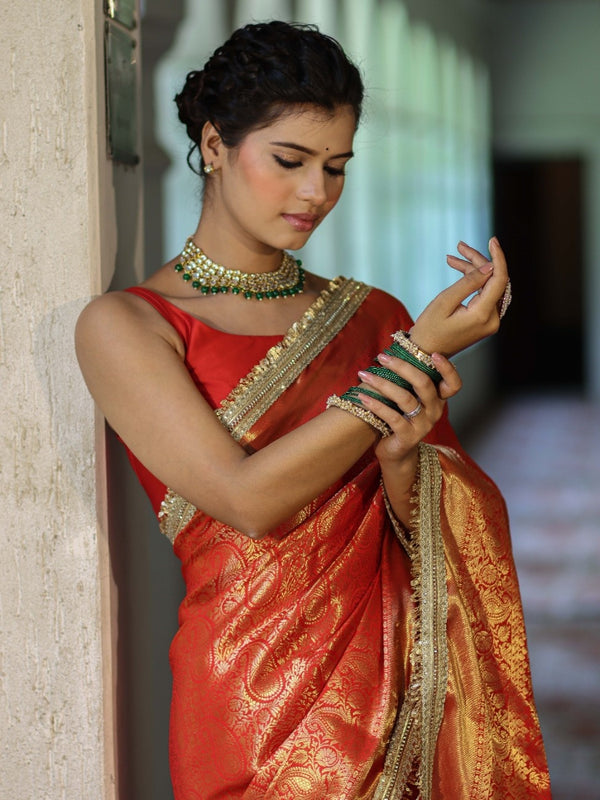 Banarasee Handwoven Soft Tissue Saree With Zari Jaal Design & Lace-Red & Gold