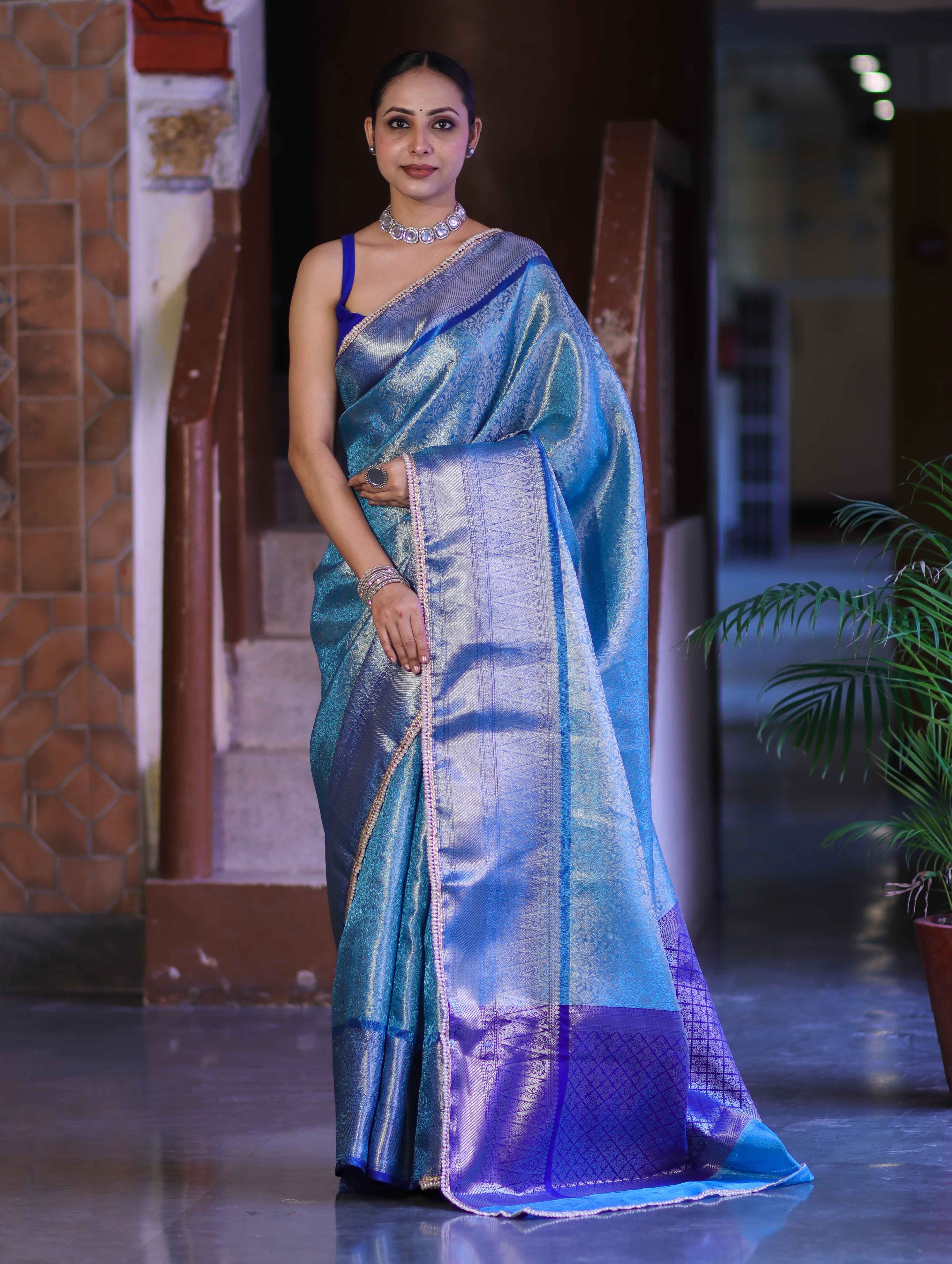 Banarasee Handloom Tissue Saree With Zari Woven Design Broad Border & Lace-Sky Blue