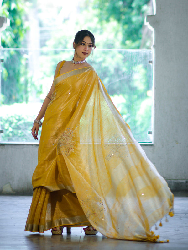 Bhagalpur Handloom Linen Tissue Shine Saree With Mirror Work & Cutwork Design-Yellow