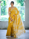 Bhagalpur Handloom Linen Tissue Shine Saree With Mirror Work & Cutwork Design-Yellow