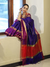 Banarasee Handloom Semi Silk Saree With Stripe Pattern & Contrast Border-Violet & Red