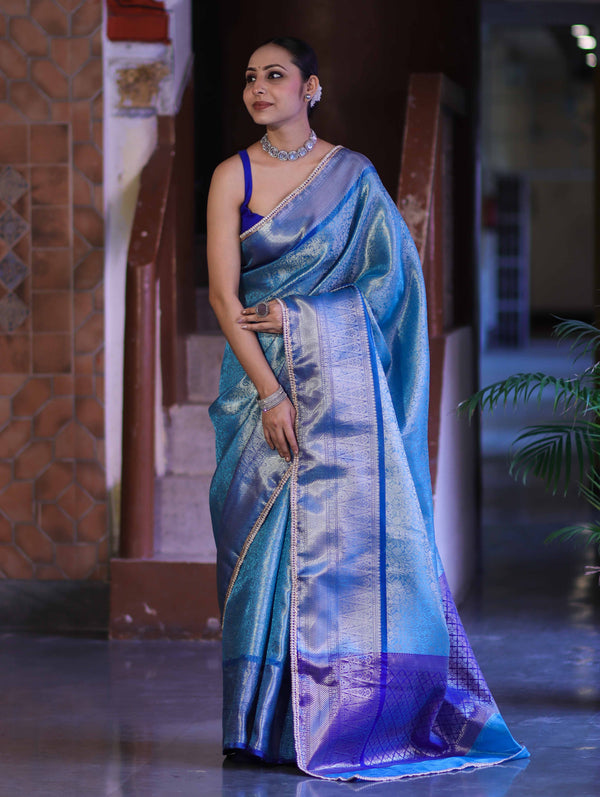 Banarasee Handloom Tissue Saree With Zari Woven Design Broad Border & Lace-Sky Blue