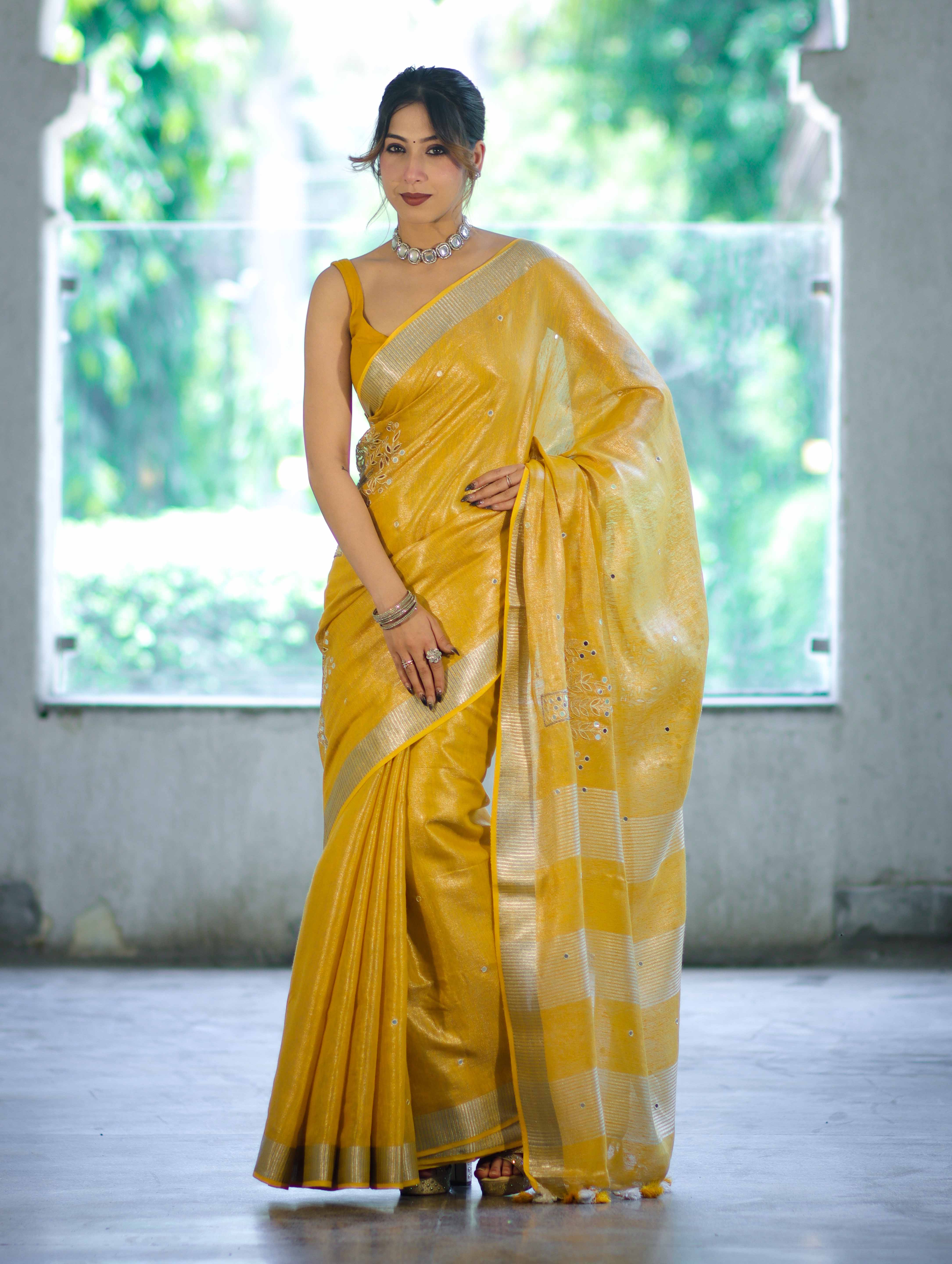 Bhagalpur Handloom Linen Tissue Shine Saree With Mirror Work & Cutwork Design-Yellow