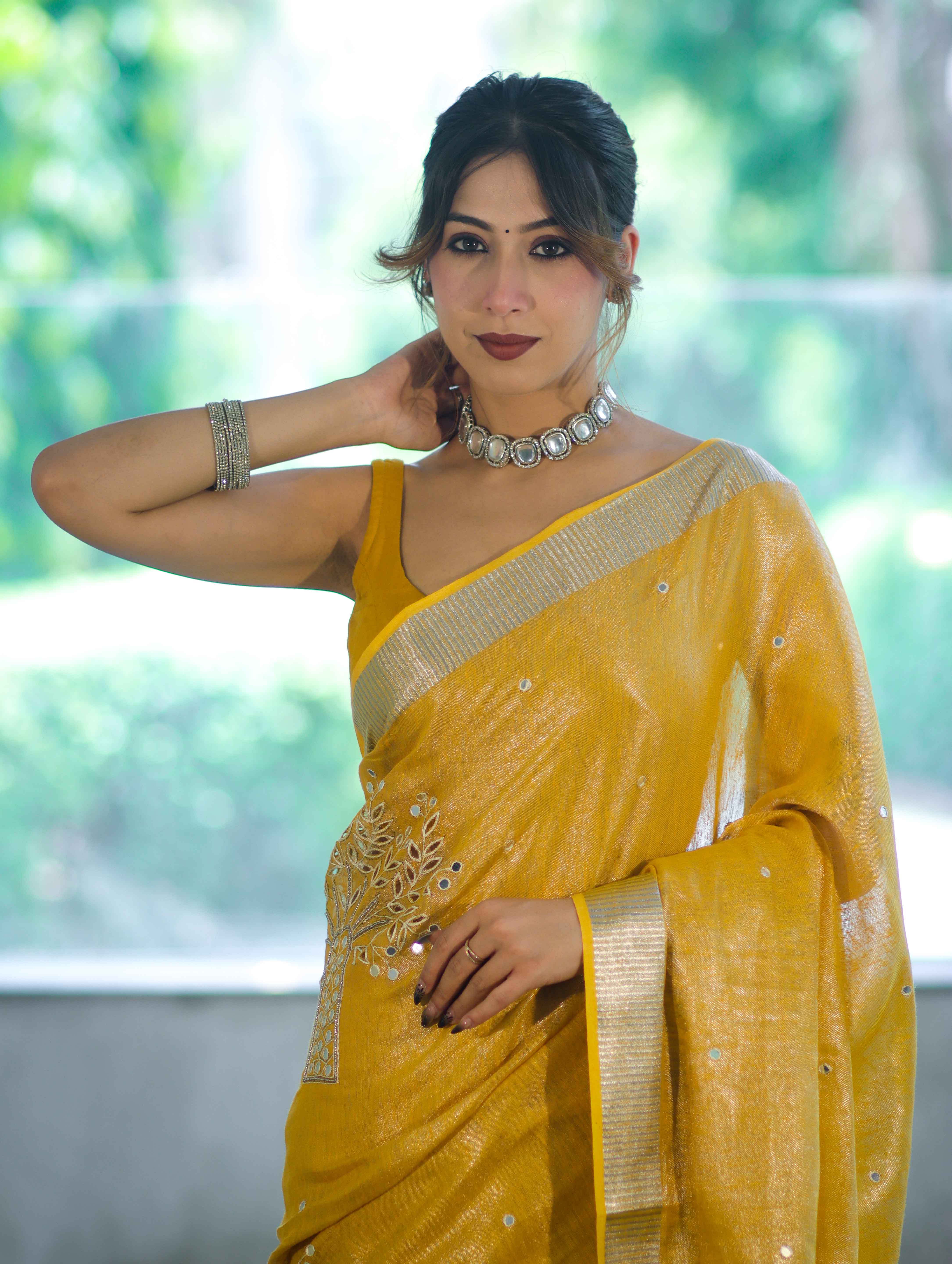 Bhagalpur Handloom Linen Tissue Shine Saree With Mirror Work & Cutwork Design-Yellow