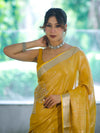 Bhagalpur Handloom Linen Tissue Shine Saree With Mirror Work & Cutwork Design-Yellow