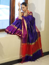 Banarasee Handloom Semi Silk Saree With Stripe Pattern & Contrast Border-Violet & Red